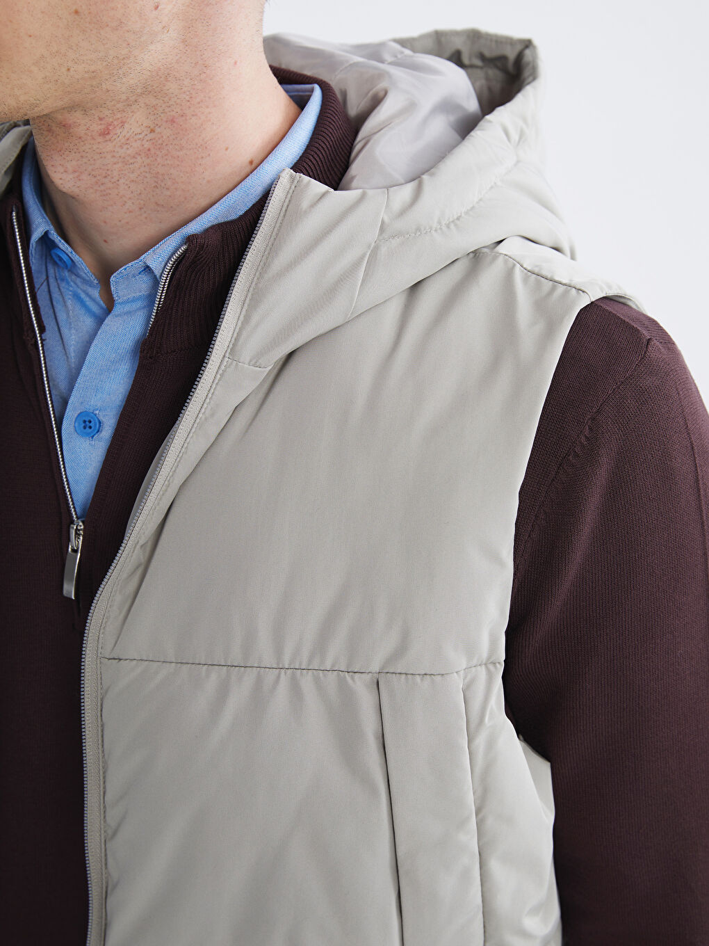 Bej Standart Kalıp Kapüşonlu Erkek Şişme Yelek-2