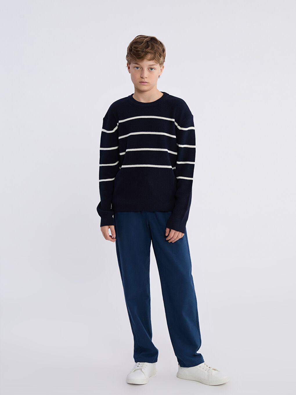 Lacivert Bisiklet Yaka Çizgili Erkek Çocuk Triko Kazak-1