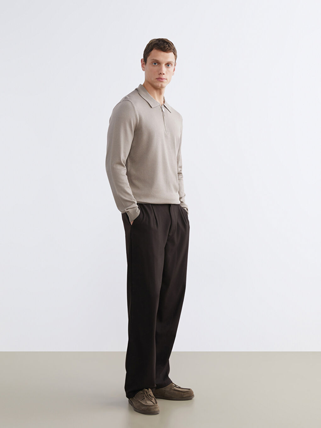 Kahverengi Polo Yaka Erkek Triko Kazak-1