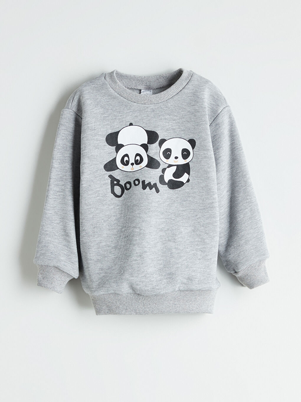 Gri Bisiklet Yaka Panda Baskılı Erkek Çocuk Sweatshirt