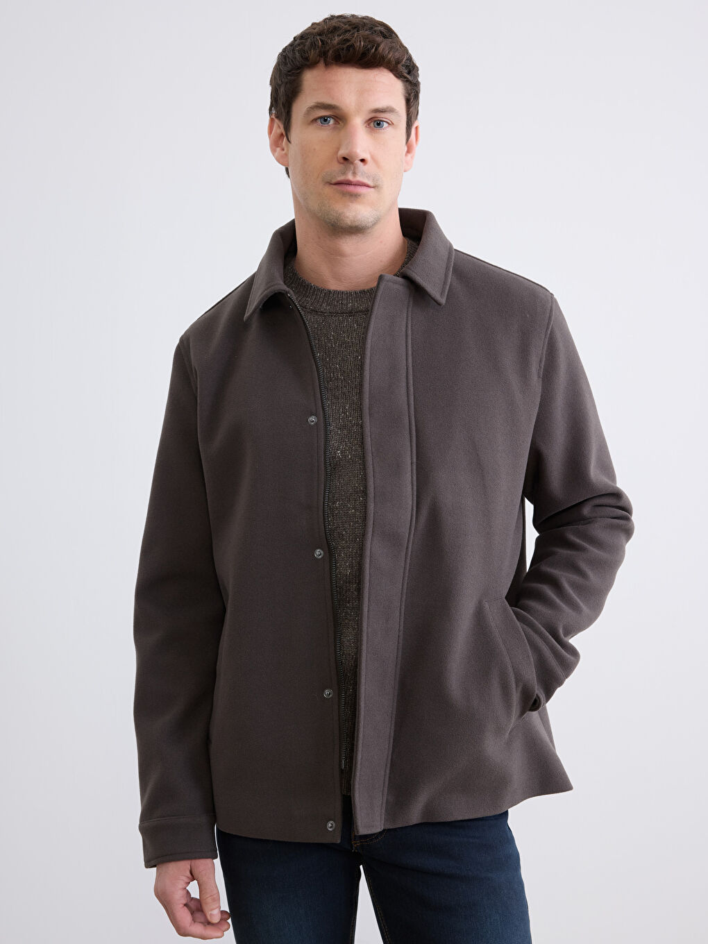 Haki Standart Kalıp Gömlek Yaka Erkek Kaşe Mont