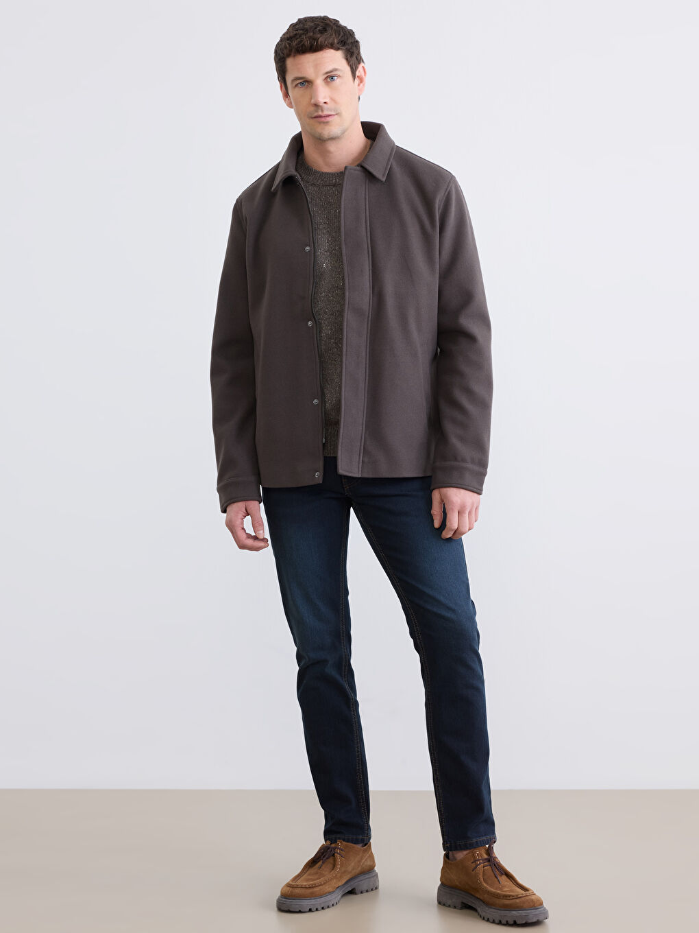 Haki Standart Kalıp Gömlek Yaka Erkek Kaşe Mont-1