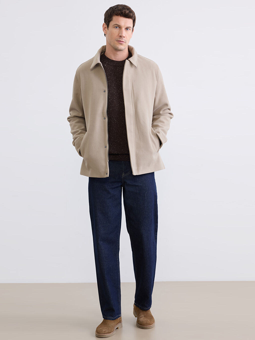 Bej Standart Kalıp Gömlek Yaka Erkek Kaşe Mont-1