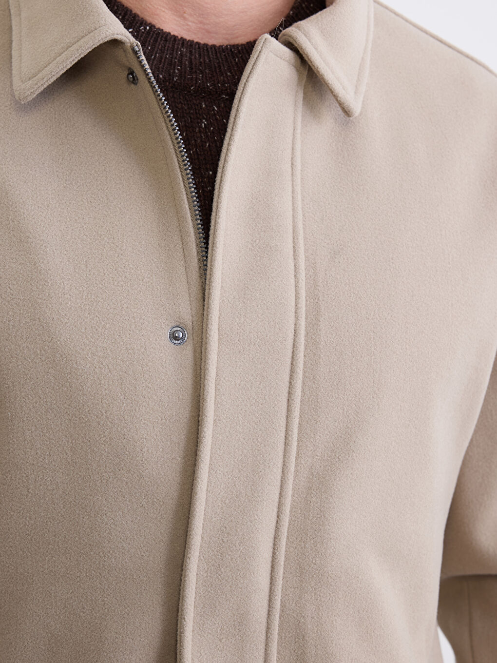 Bej Standart Kalıp Gömlek Yaka Erkek Kaşe Mont-2