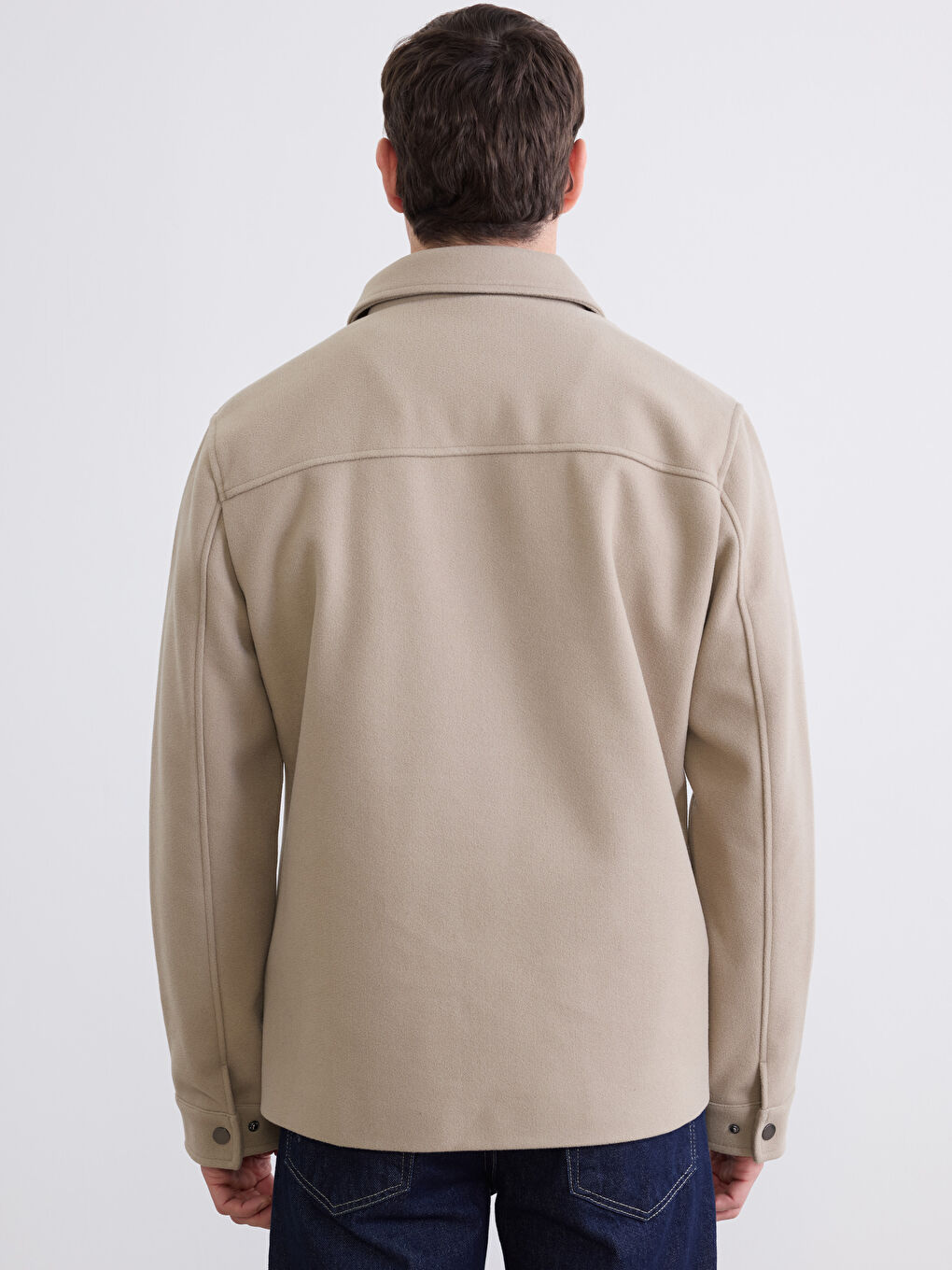 Bej Standart Kalıp Gömlek Yaka Erkek Kaşe Mont-4
