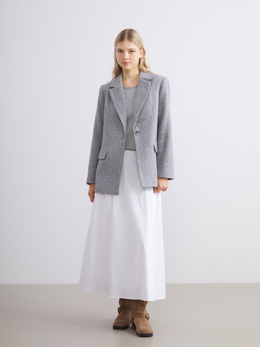 Gri Kadın Kaşe Blazer Ceket-1