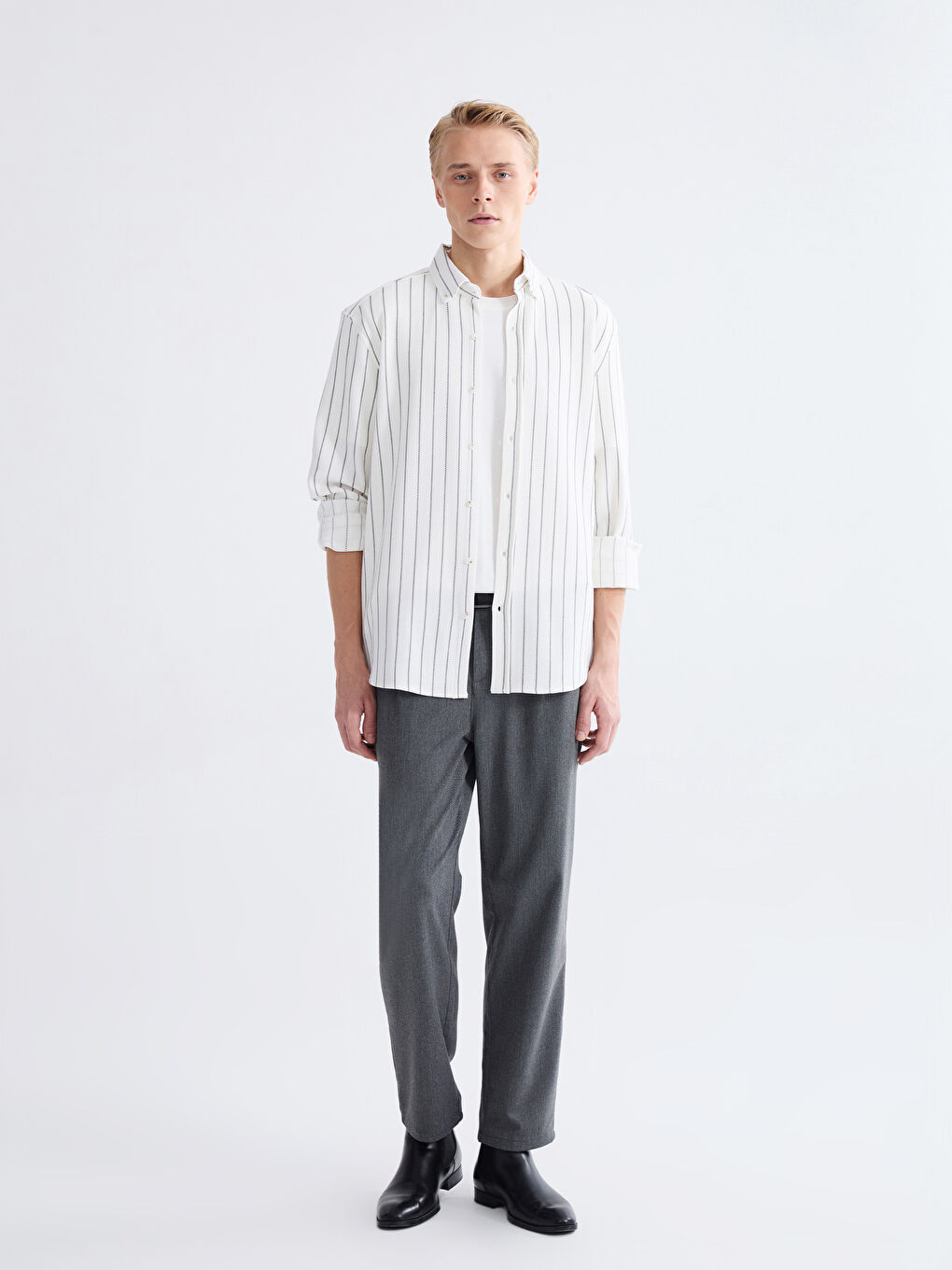 Ekru Regular Fit Uzun Kollu Çizgili Erkek Gömlek-1