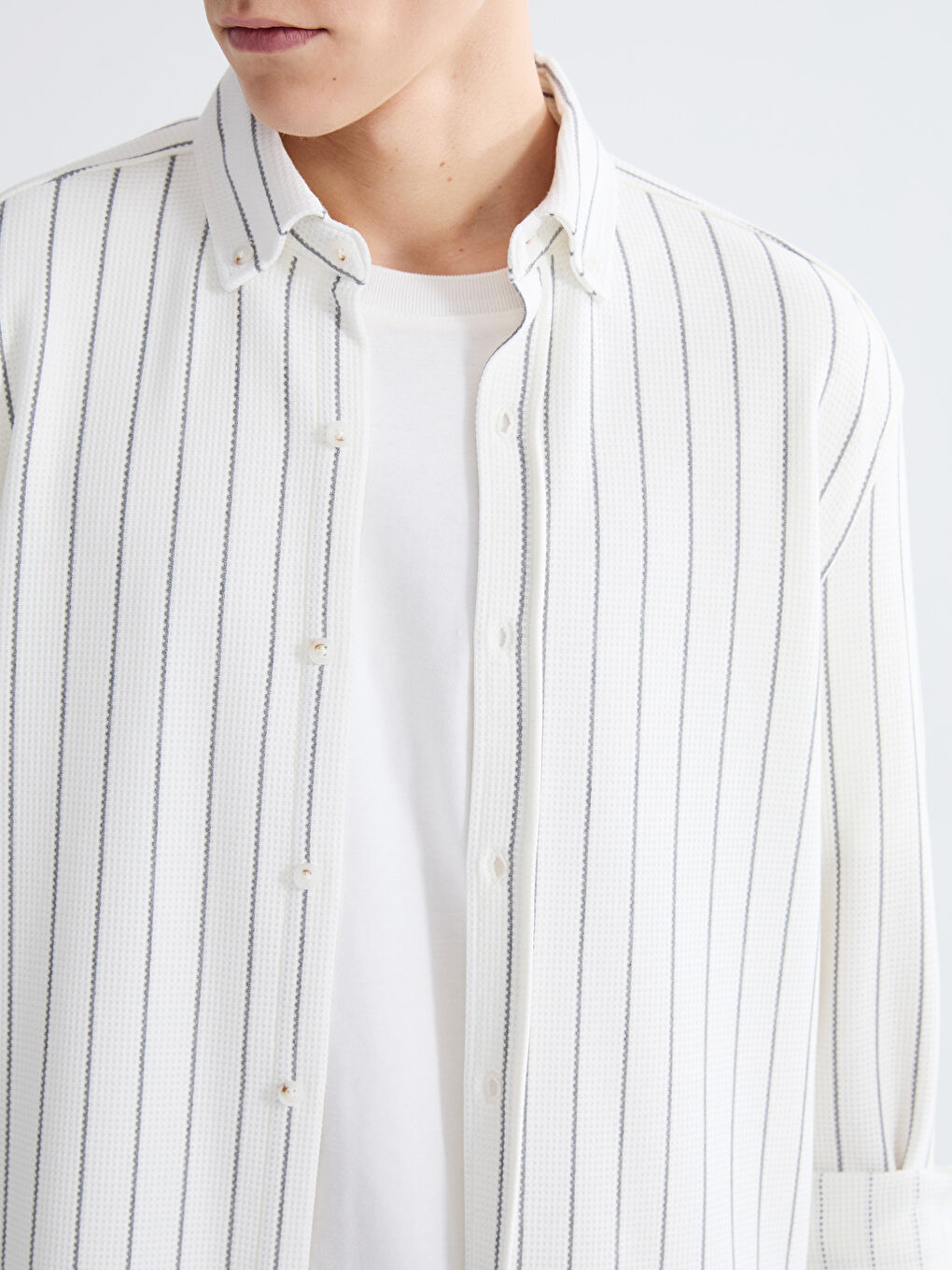 Ekru Regular Fit Uzun Kollu Çizgili Erkek Gömlek-2
