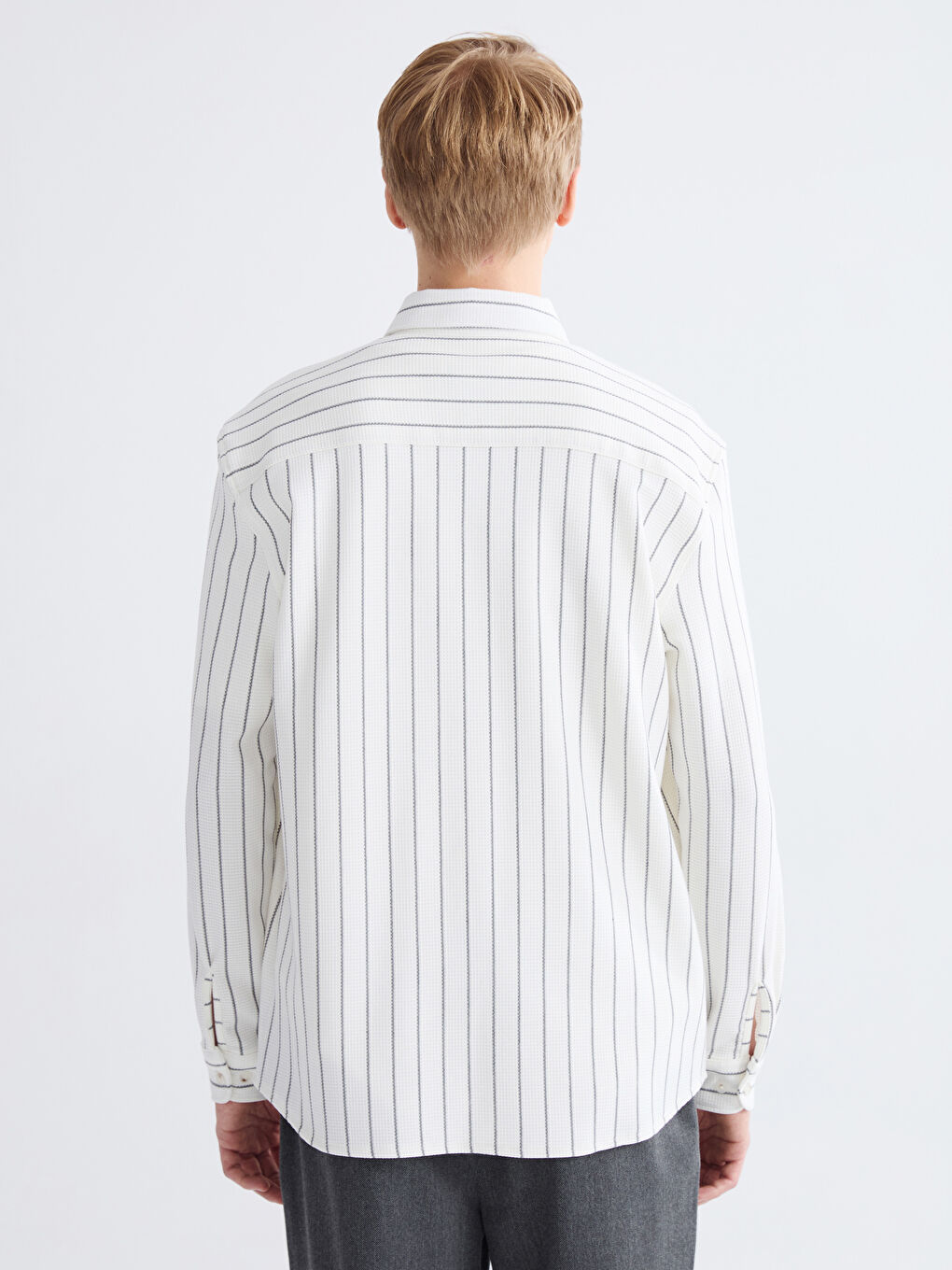 Ekru Regular Fit Uzun Kollu Çizgili Erkek Gömlek-3