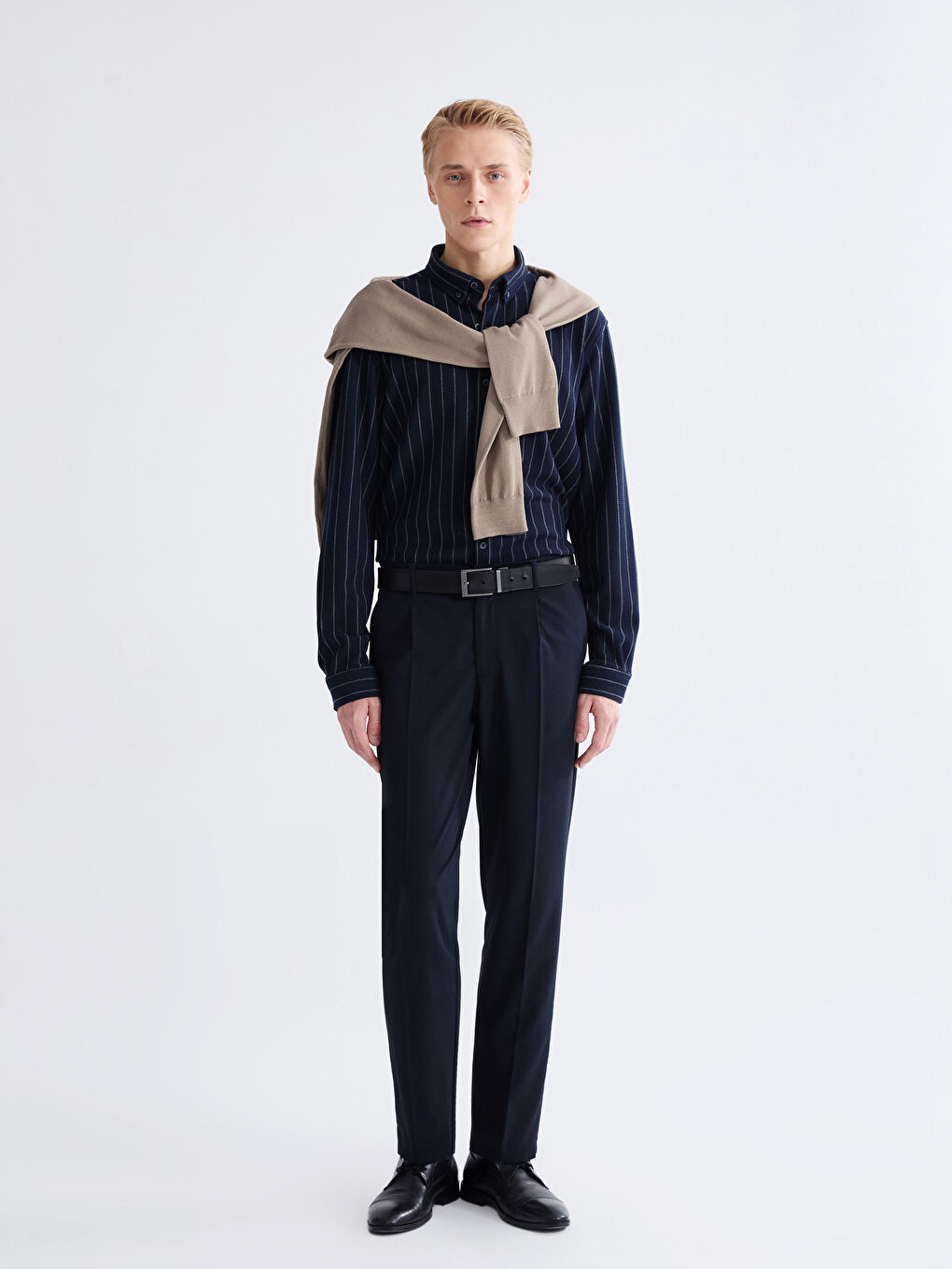 Lacivert Regular Fit Uzun Kollu Çizgili Erkek Gömlek-1