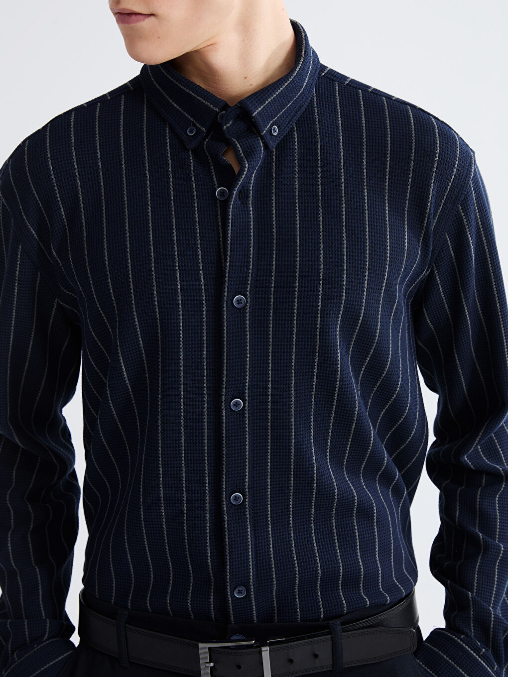 Lacivert Regular Fit Uzun Kollu Çizgili Erkek Gömlek-2