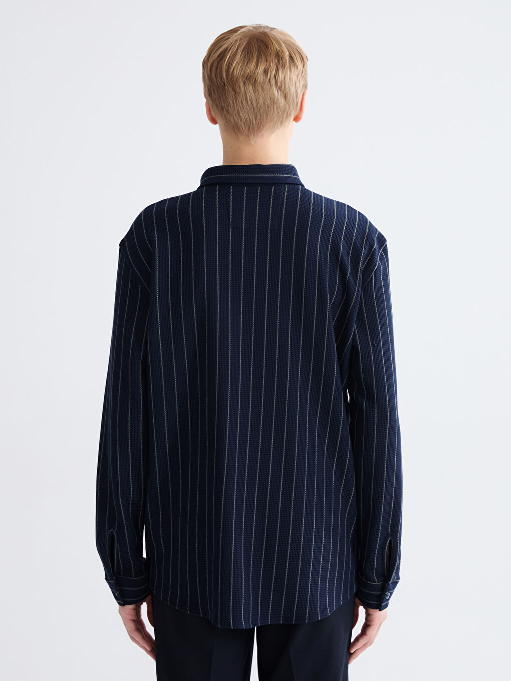Lacivert Regular Fit Uzun Kollu Çizgili Erkek Gömlek-3
