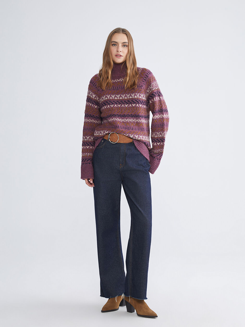 Pembe Yarım Balıkçı Yaka Desenli Kadın Triko Kazak-1