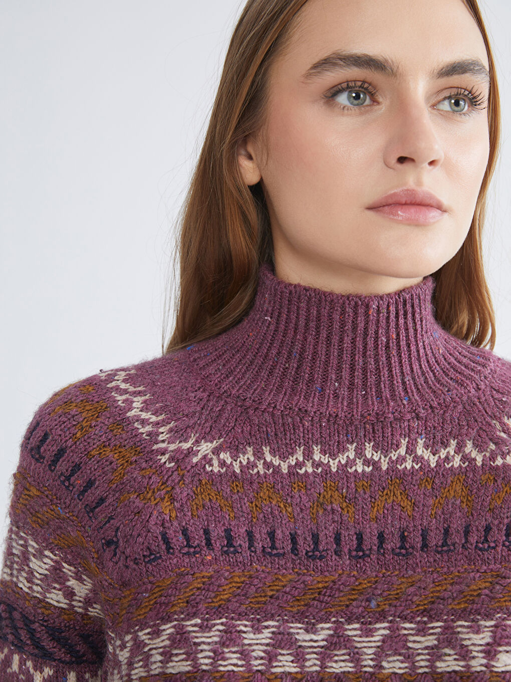 Pembe Yarım Balıkçı Yaka Desenli Kadın Triko Kazak-2