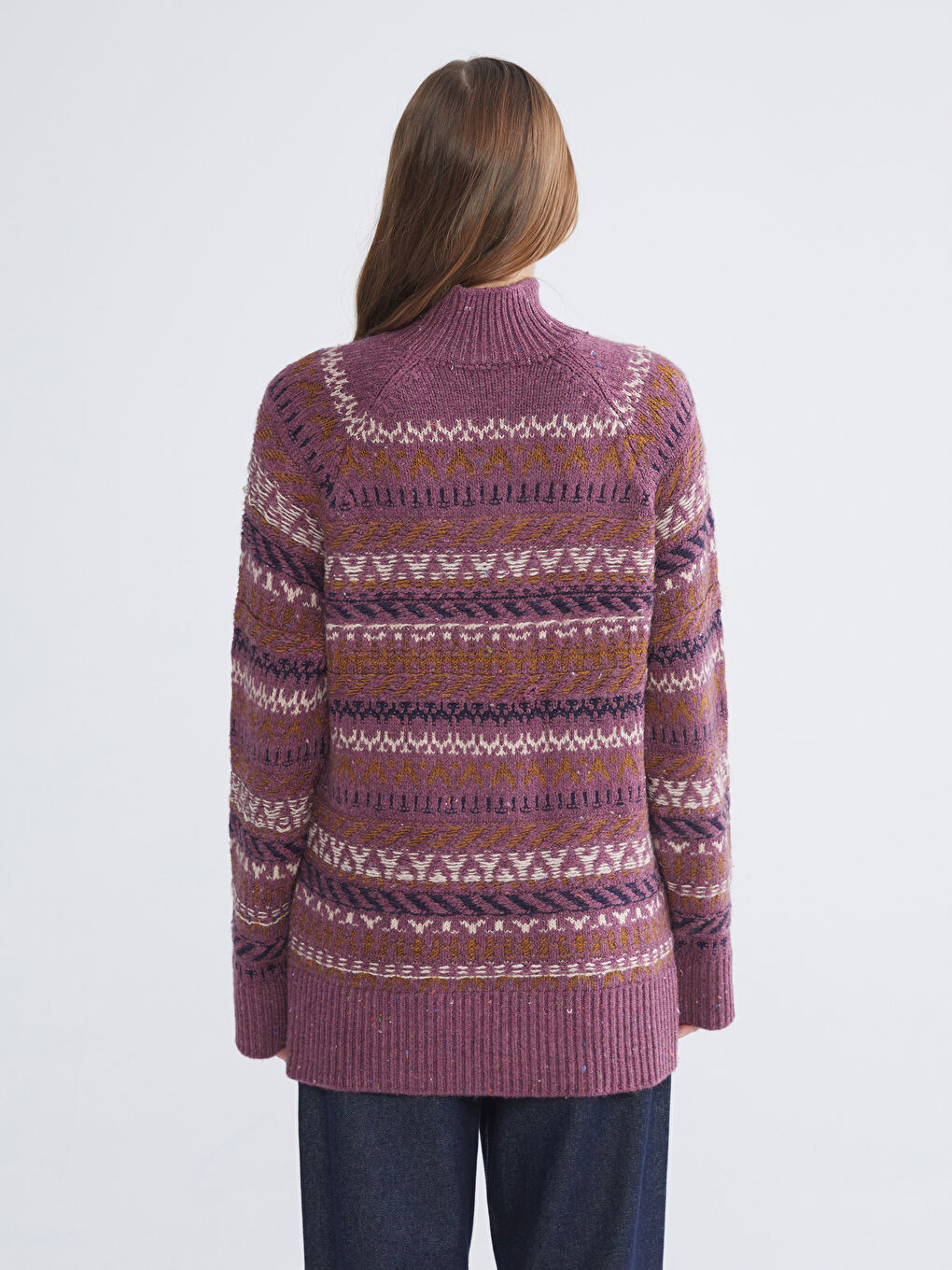 Pembe Yarım Balıkçı Yaka Desenli Kadın Triko Kazak-3