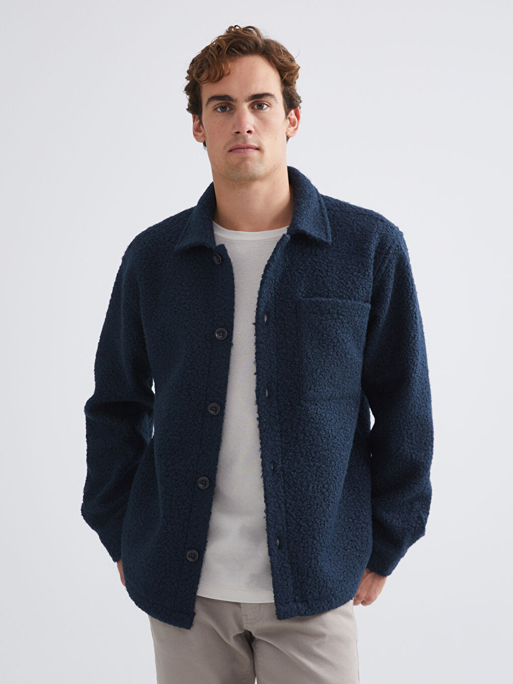 Lacivert Regular Fit Uzun Kollu Pelüş Erkek Gömlek Ceket