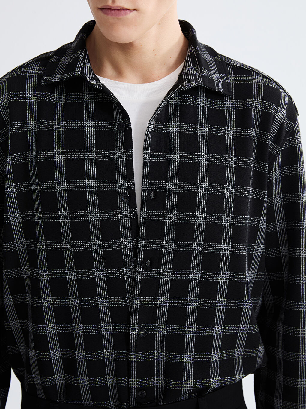 Siyah Regular Fit Uzun Kollu Ekose Armürlü Erkek Gömlek-2