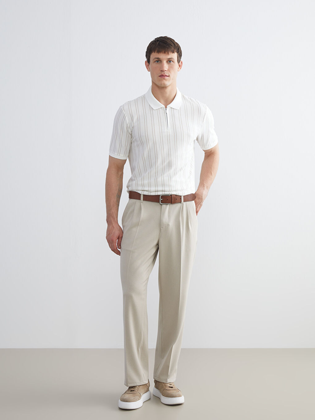 Ekru Polo Yaka Çizgili Erkek Tişört-1