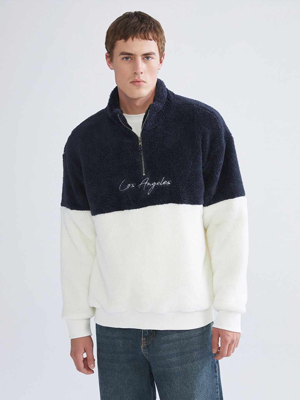 سويت شيرت كم طويل بياقة قمع قطيفة للرجال