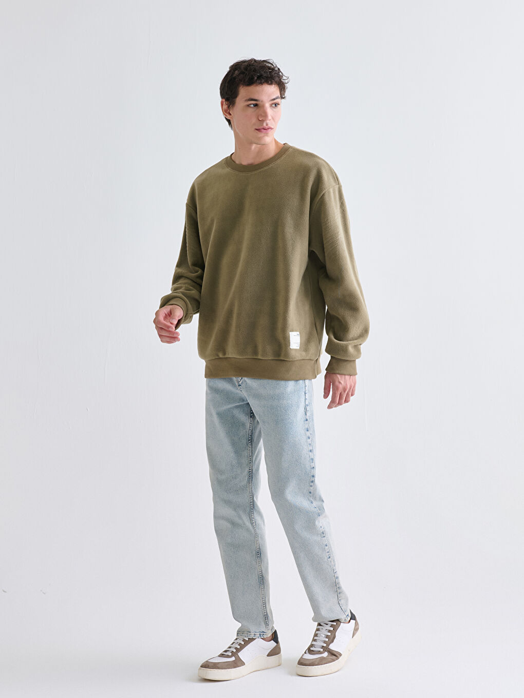 Haki Bisiklet Yaka Erkek Kalın Sweatshirt-1