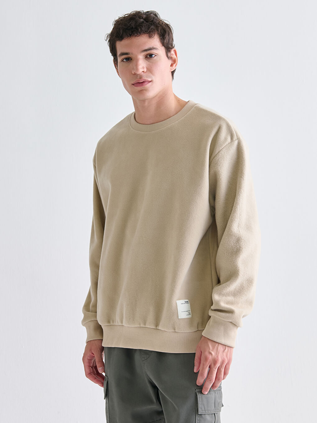 Bej Bisiklet Yaka Erkek Kalın Sweatshirt