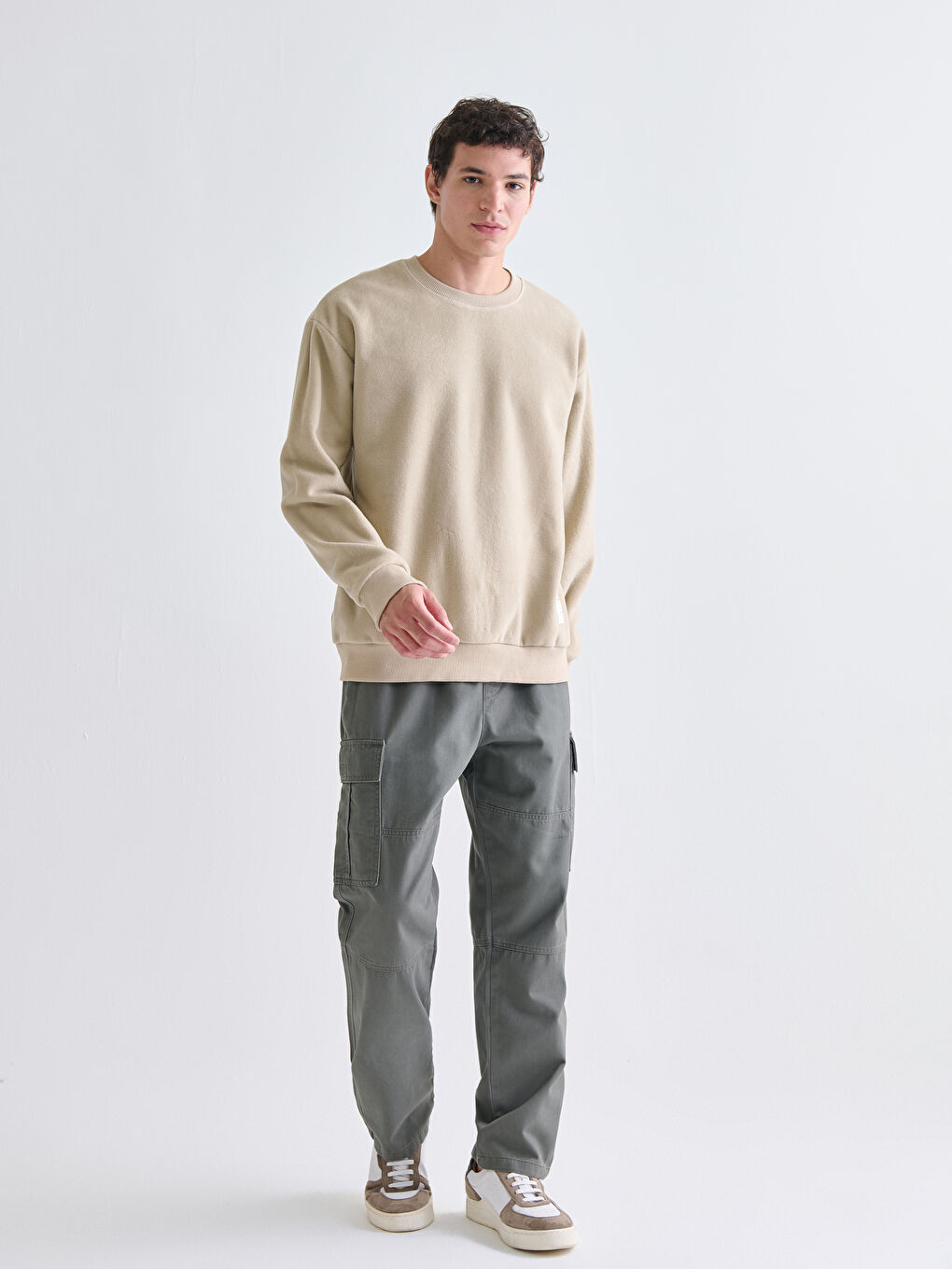 Bej Bisiklet Yaka Erkek Kalın Sweatshirt-1