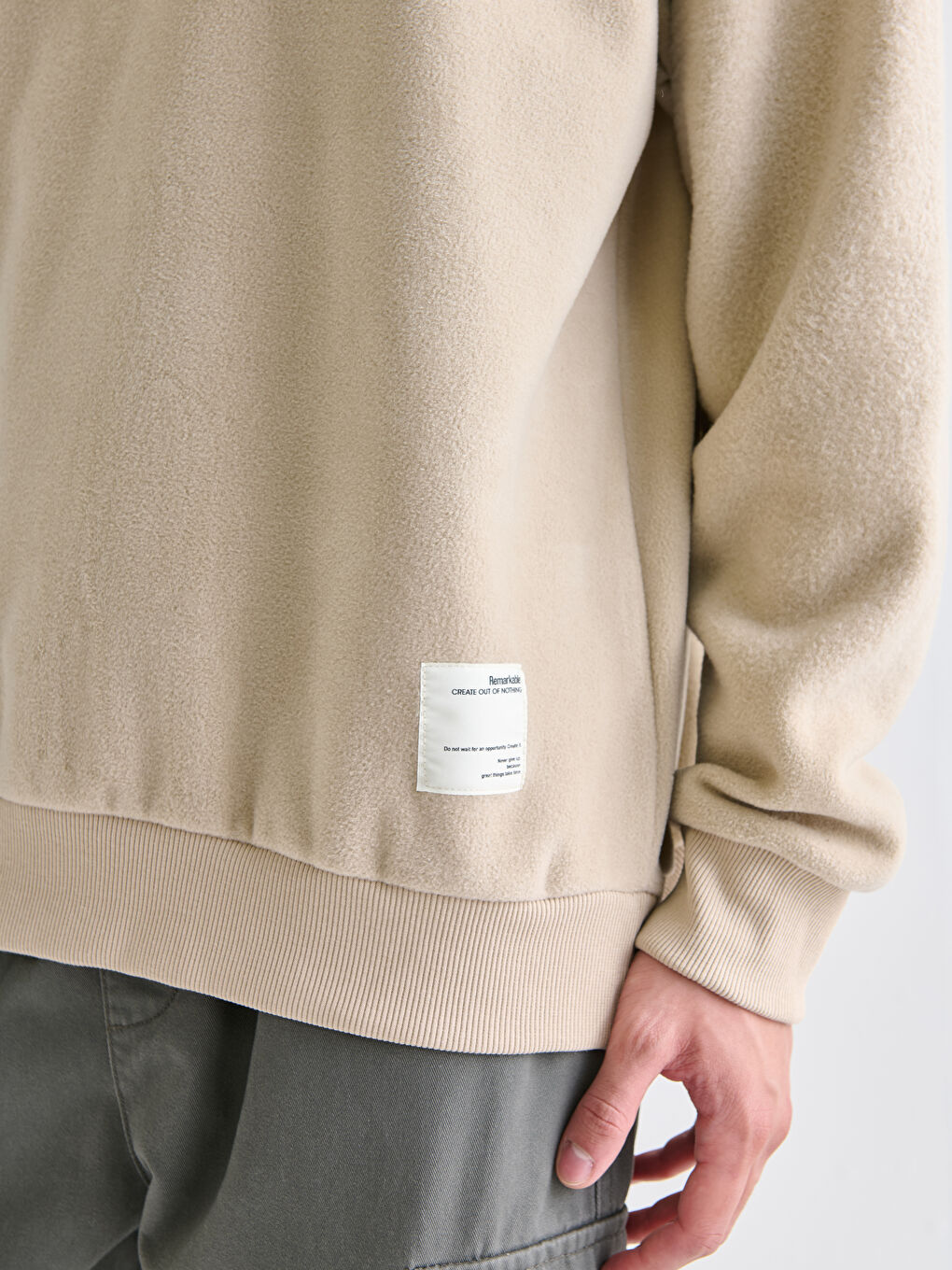 Bej Bisiklet Yaka Erkek Kalın Sweatshirt-2