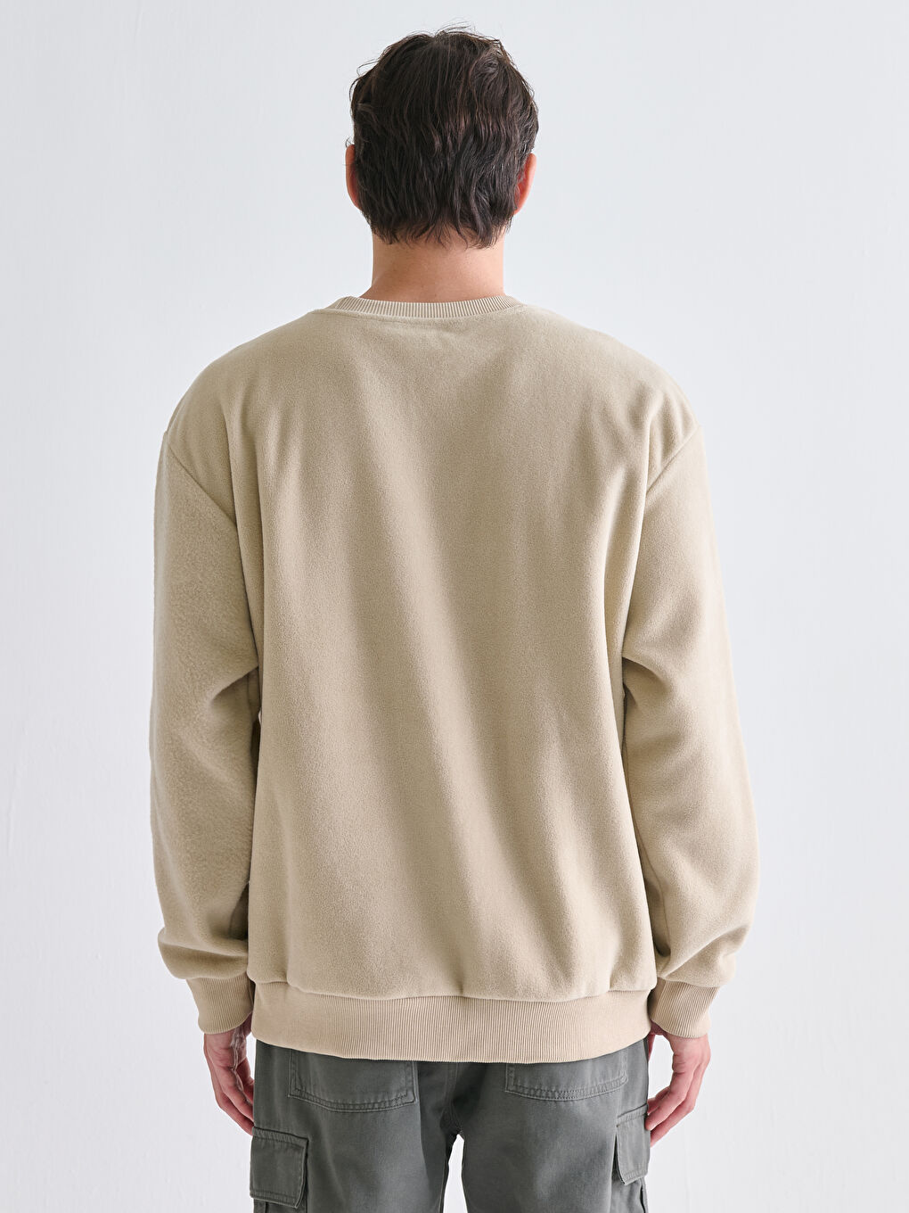 Bej Bisiklet Yaka Erkek Kalın Sweatshirt-3