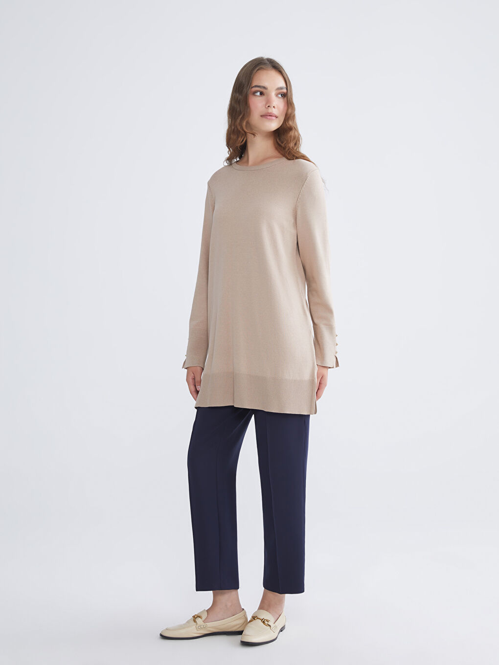 Bej Bisiklet Yaka Kadın Triko Tunik-1