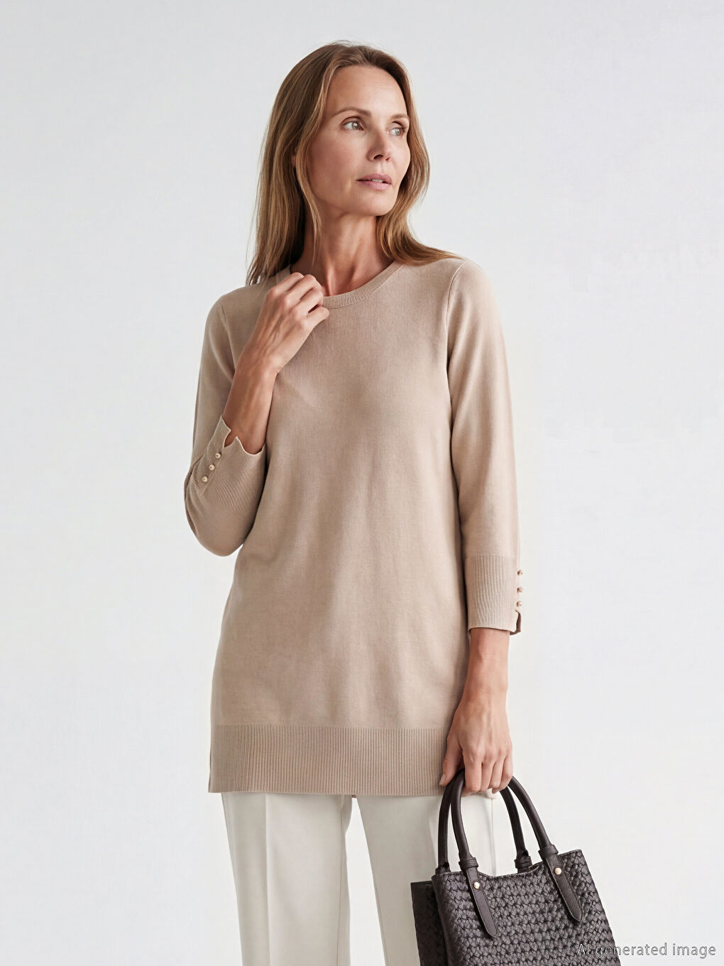 Bej Bisiklet Yaka Kadın Triko Tunik