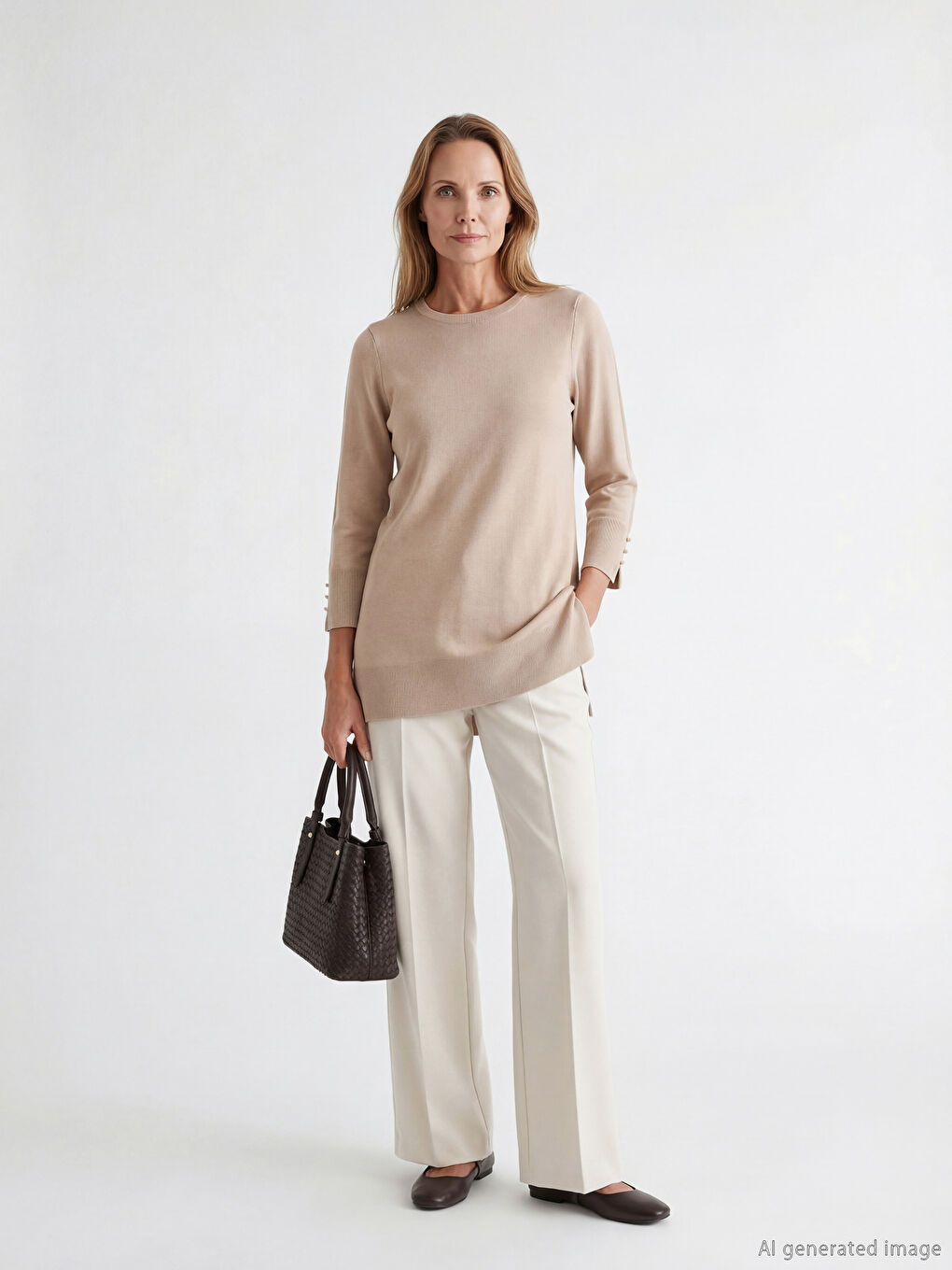 Bej Bisiklet Yaka Kadın Triko Tunik-1