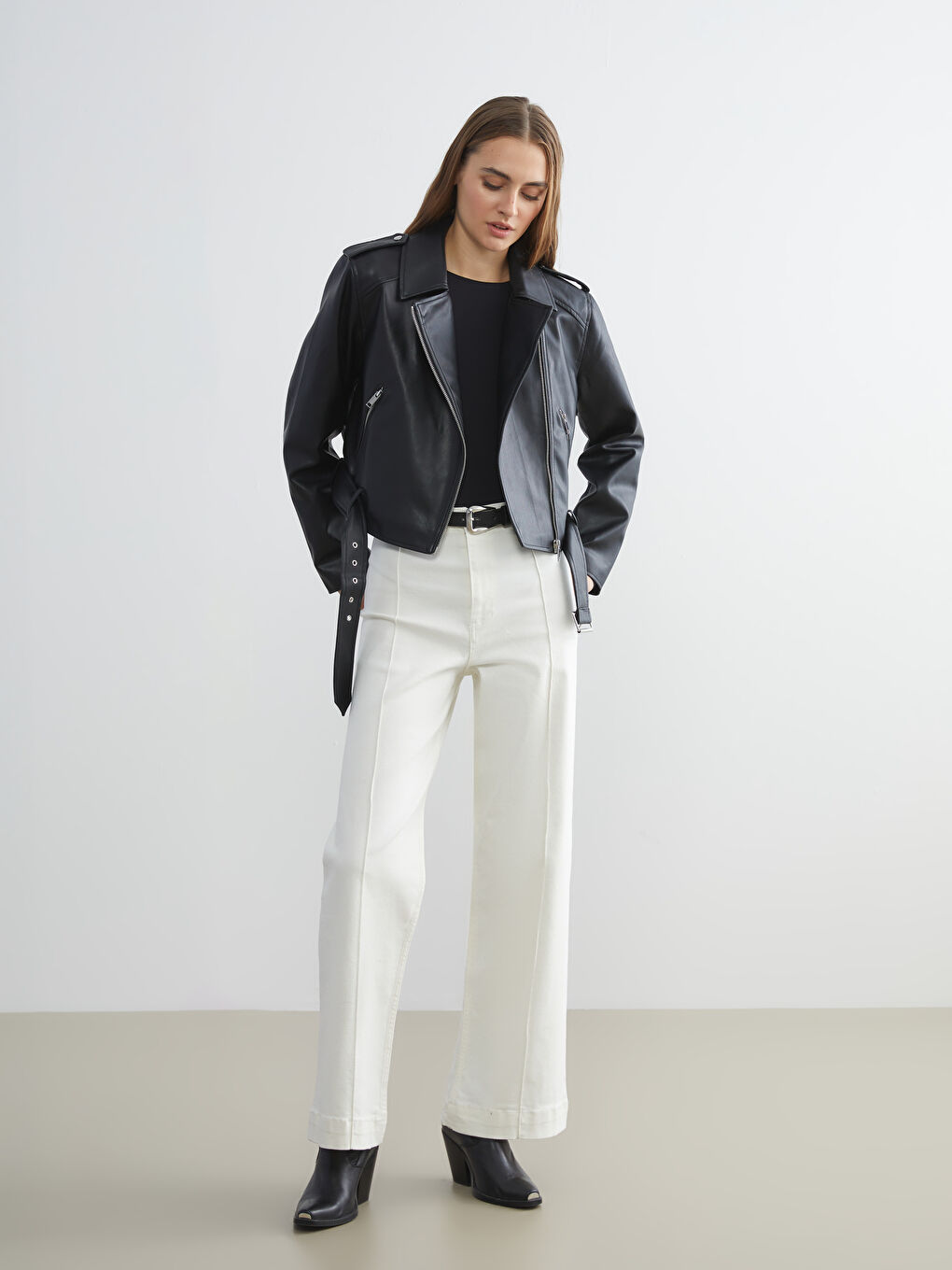 Shirt Collar Women's Leather Look Jacket-1