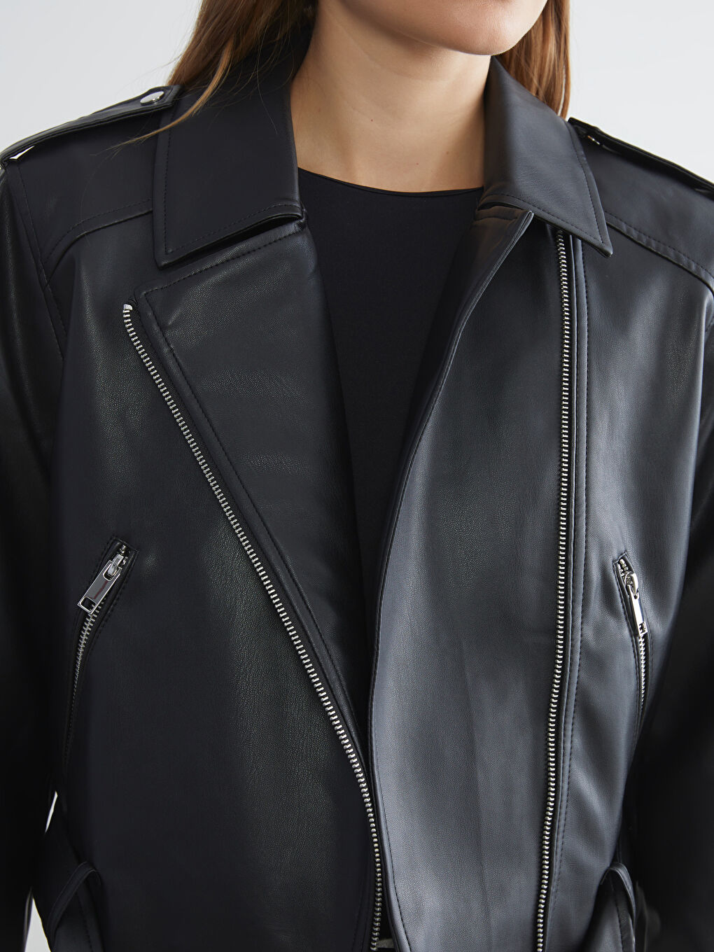 Shirt Collar Women's Leather Look Jacket-2