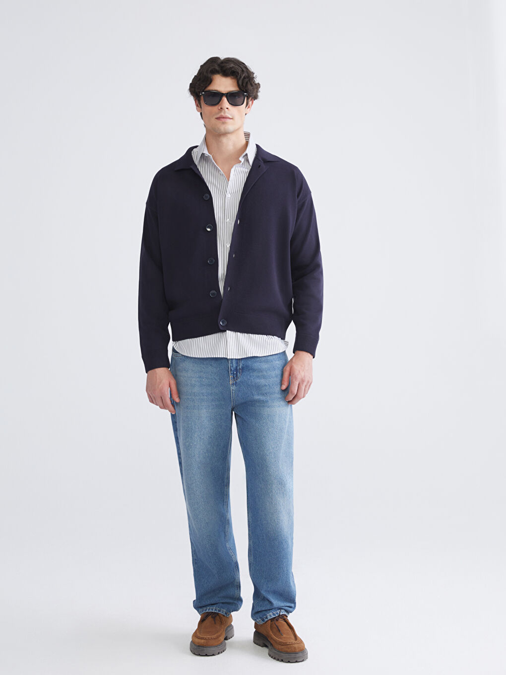 Lacivert Standart Kalıp Polo Yaka Erkek Triko Hırka-1