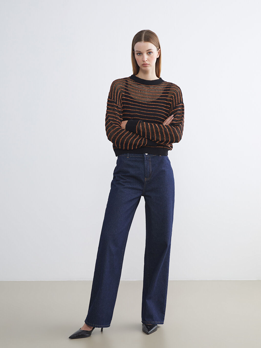 Turuncu Bisiklet Yaka Çizgili Kadın Triko Kazak-1