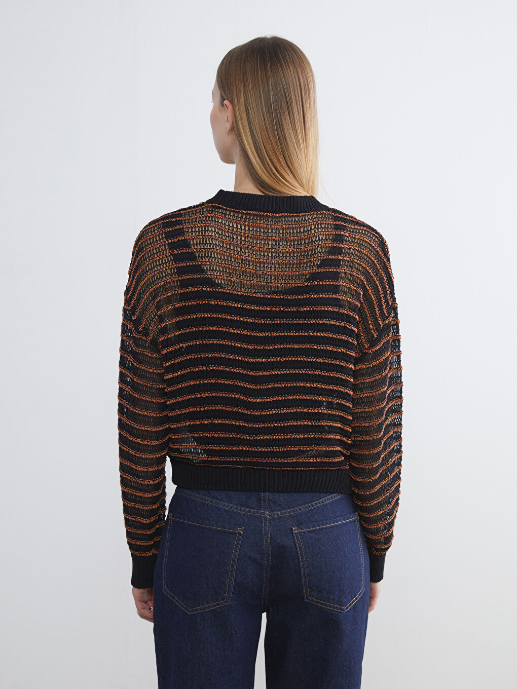 Turuncu Bisiklet Yaka Çizgili Kadın Triko Kazak-3