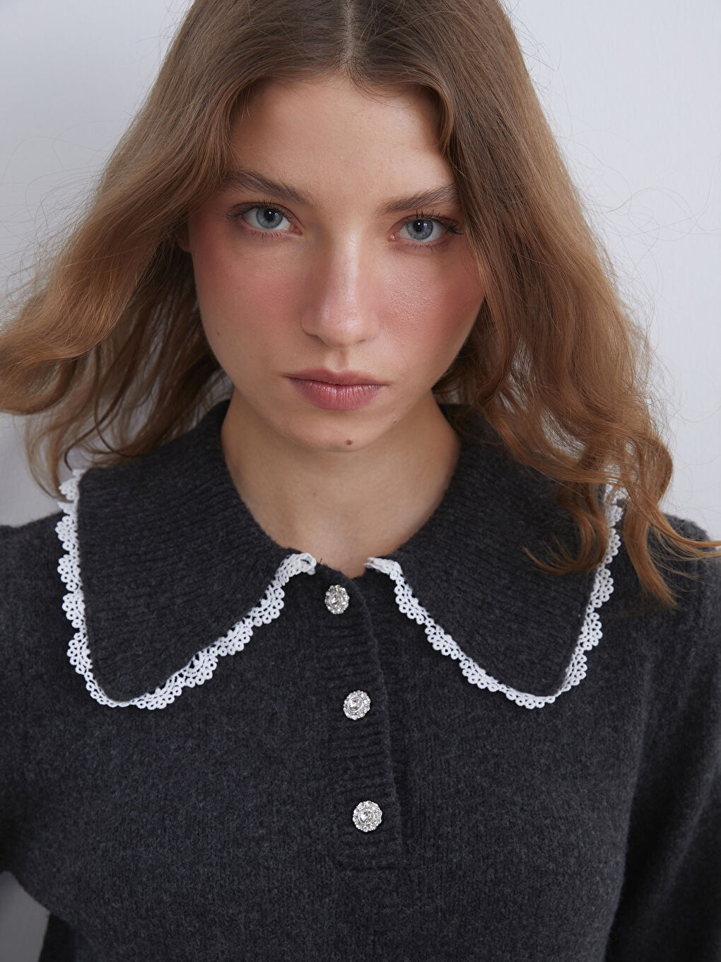 Antrasit Bebe Yaka Kadın Triko Kazak-2