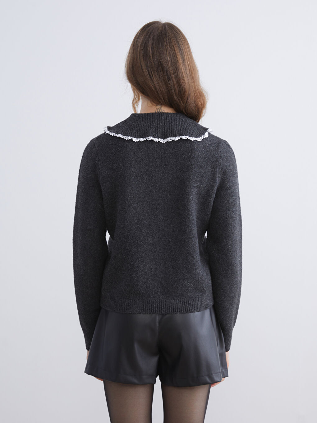 Antrasit Bebe Yaka Kadın Triko Kazak-3