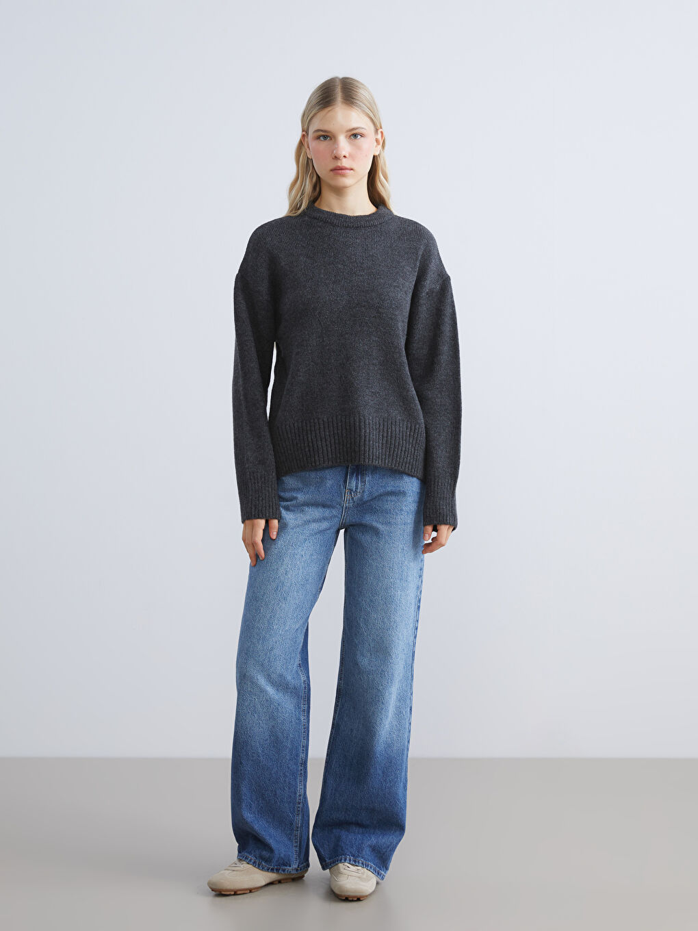 Antrasit Bisiklet Yaka Kadın Triko Kazak-1