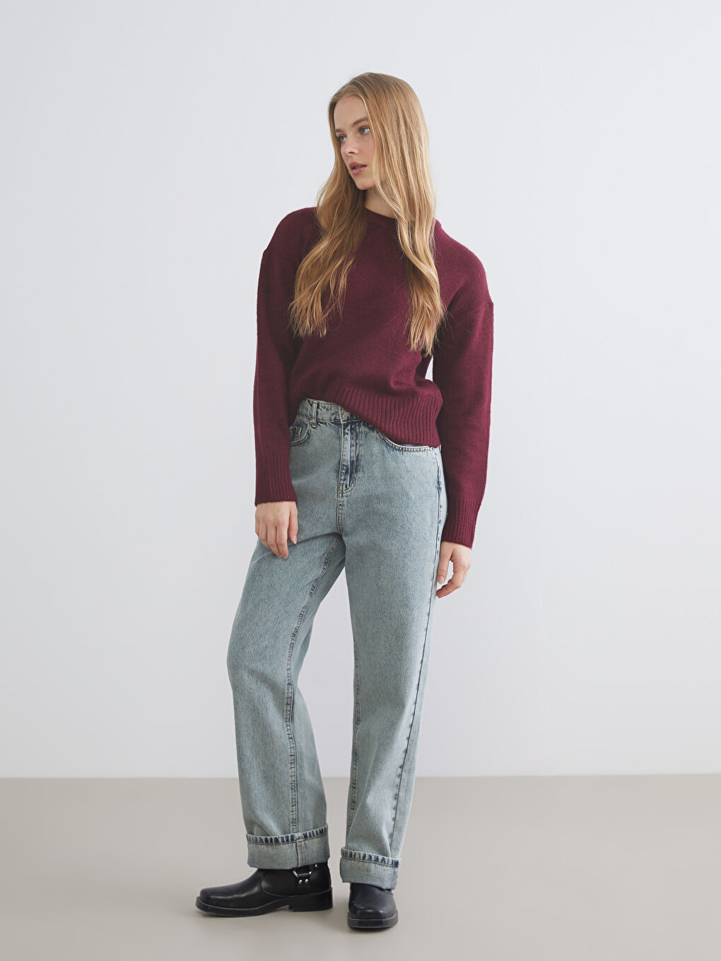 Bordo Bisiklet Yaka Kadın Triko Kazak-1