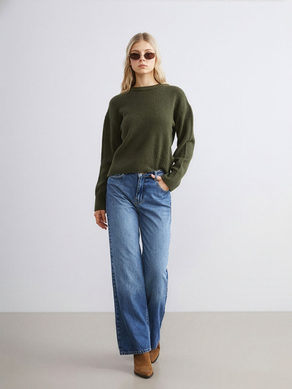 Yeşil Bisiklet Yaka Kadın Triko Kazak-3