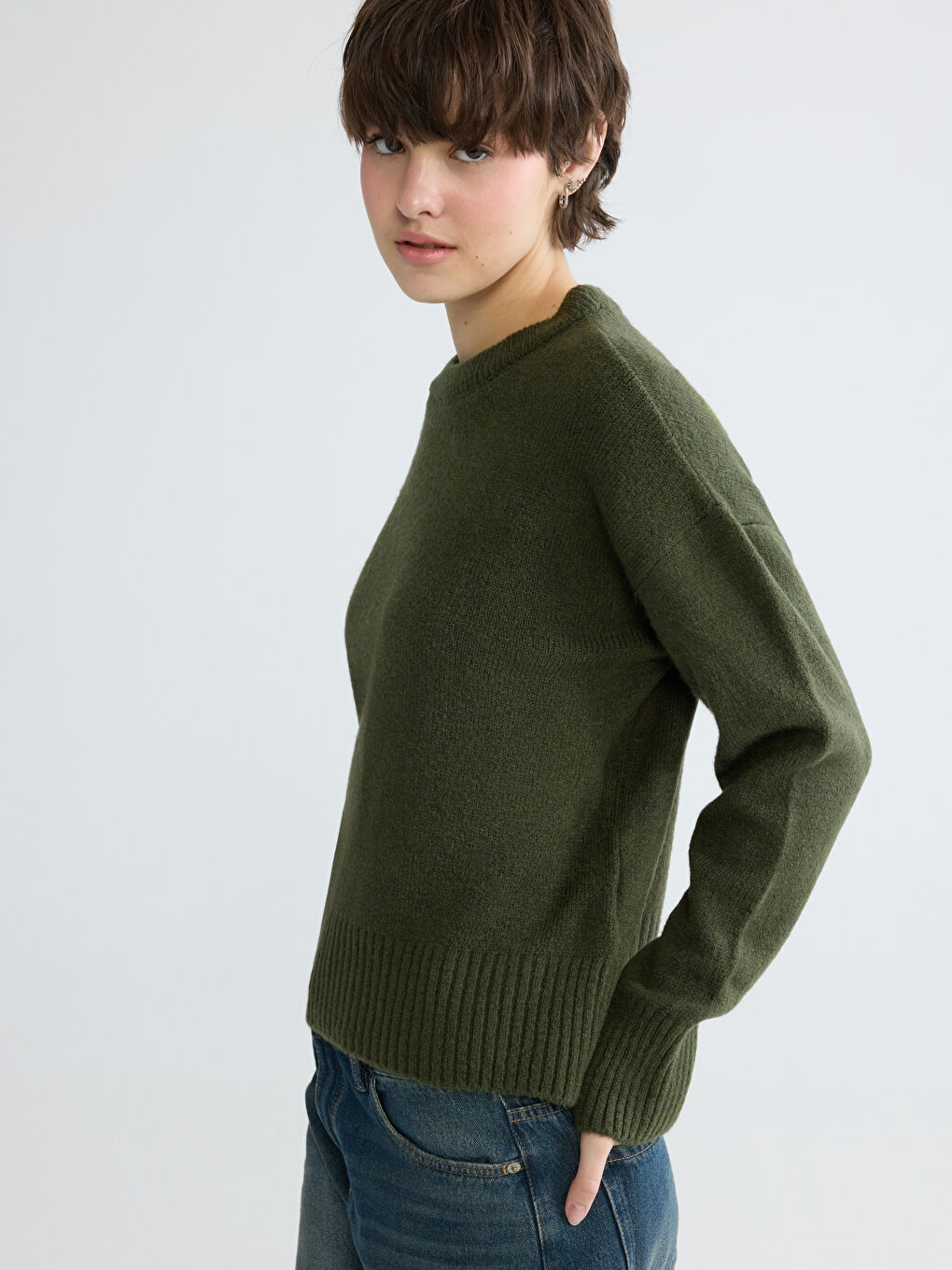 Yeşil Bisiklet Yaka Kadın Triko Kazak-1