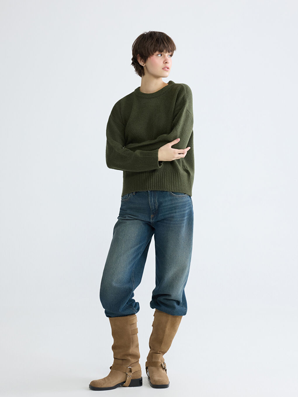 Yeşil Bisiklet Yaka Kadın Triko Kazak-2