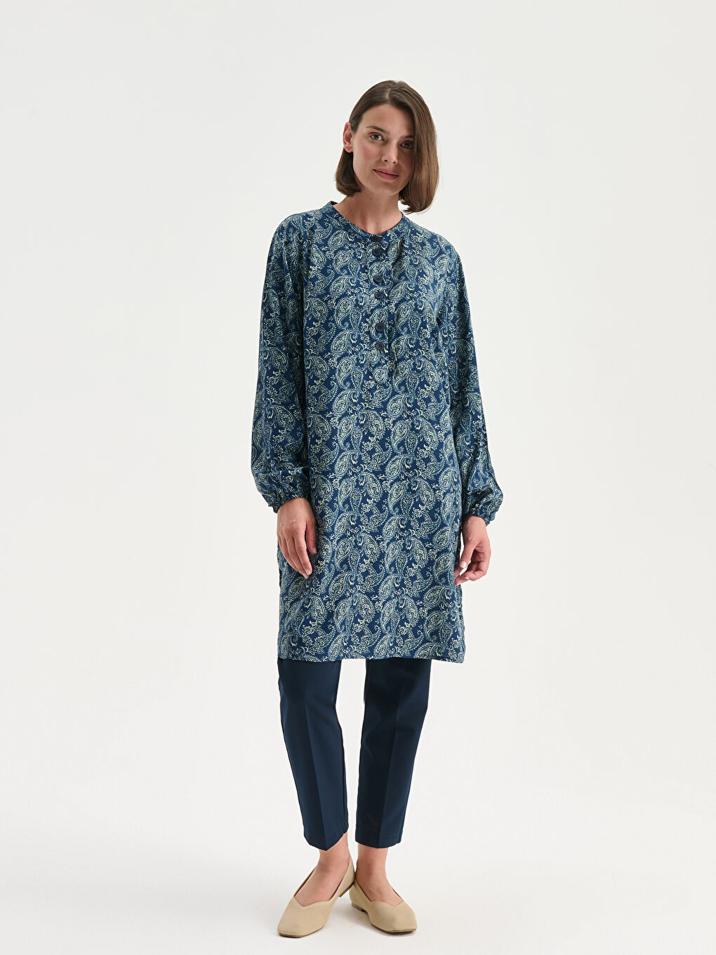 Grandad Collar Patterned Women's Tunic-1