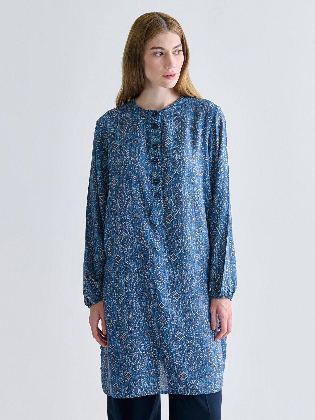 Grandad Collar Patterned Women's Tunic-1