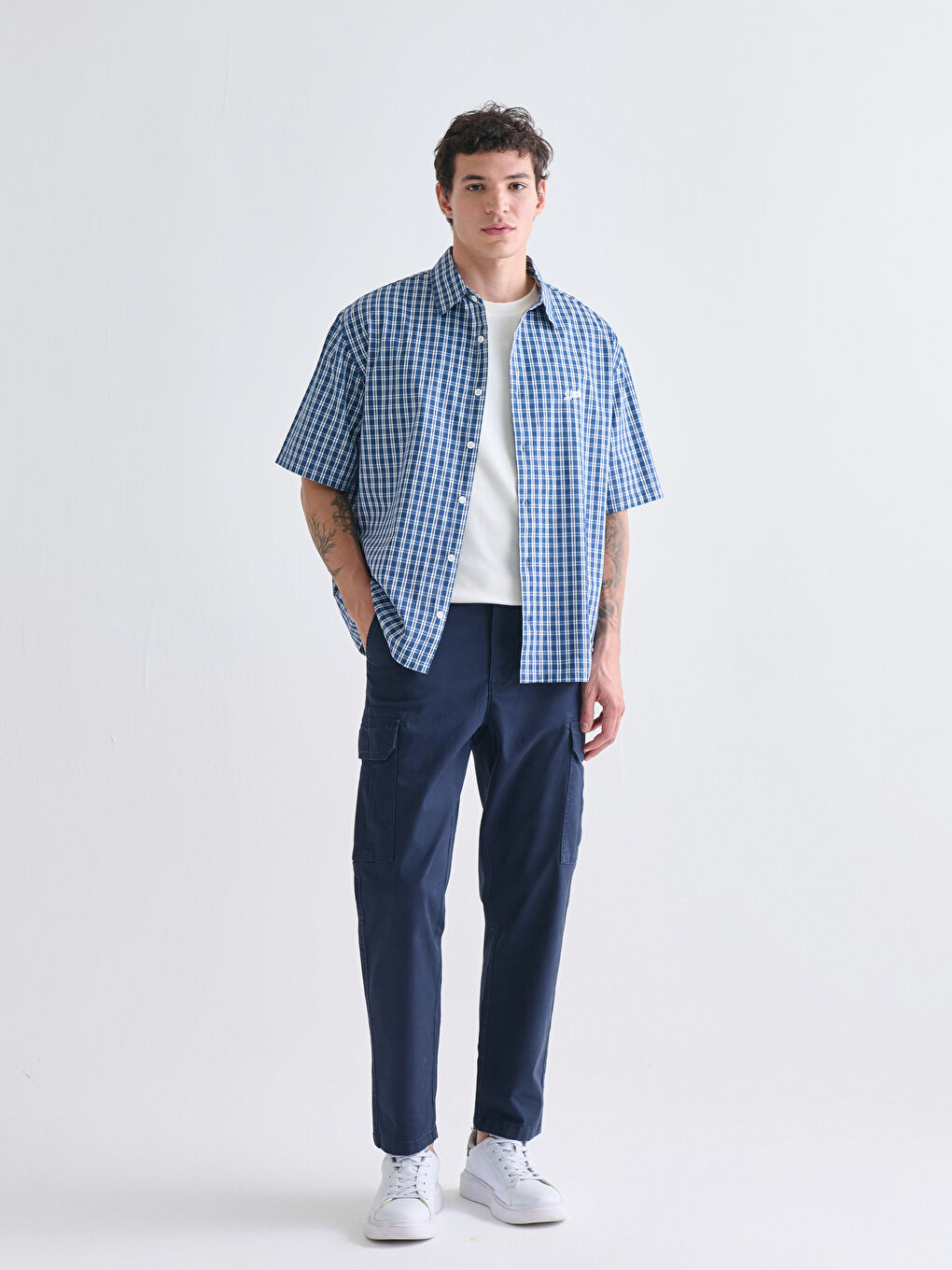 Relaxed Fit Short Sleeve Plaid Men's Shirt-1
