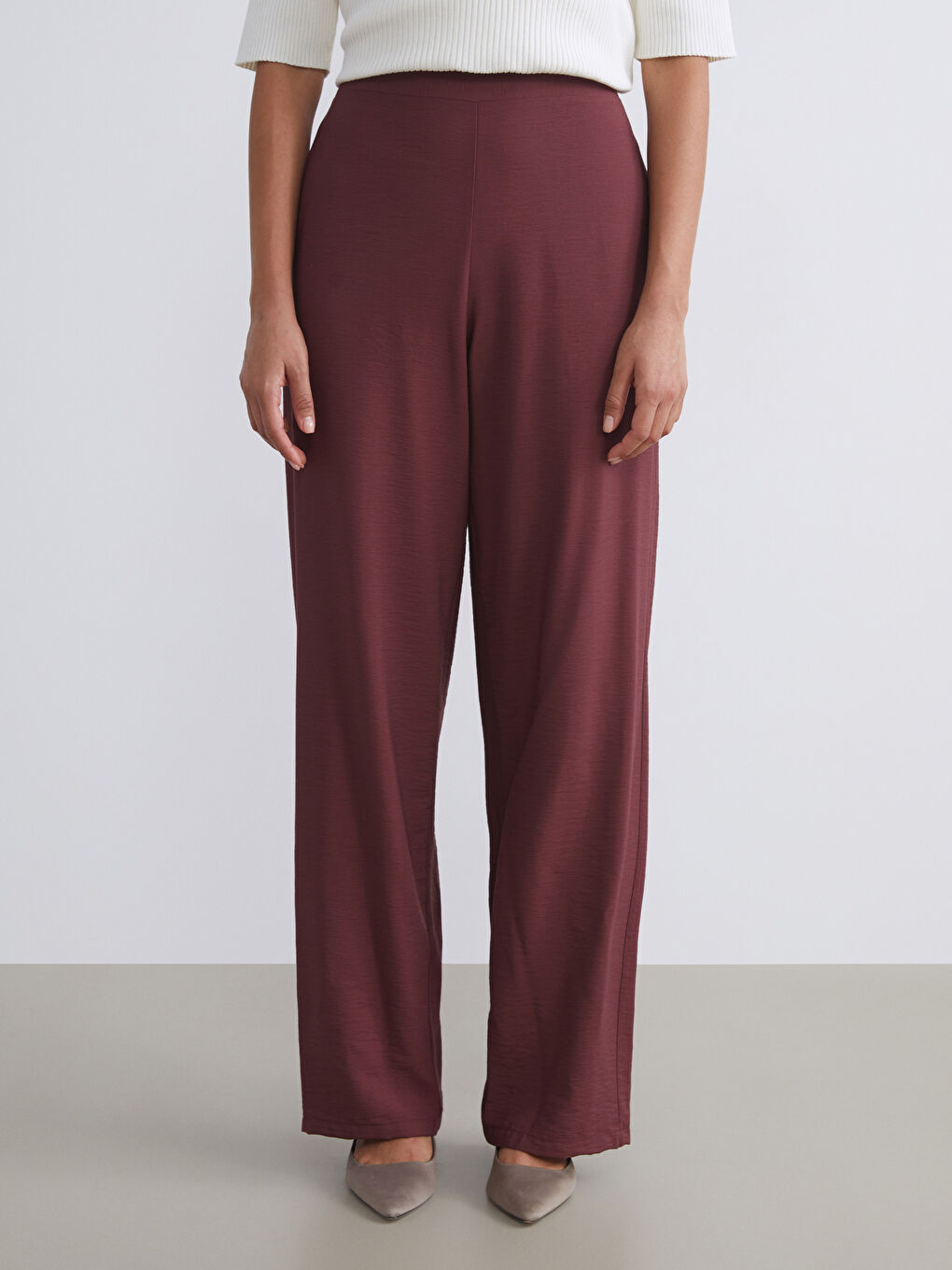 Bordo Beli Lastikli Kadın Pantolon-2