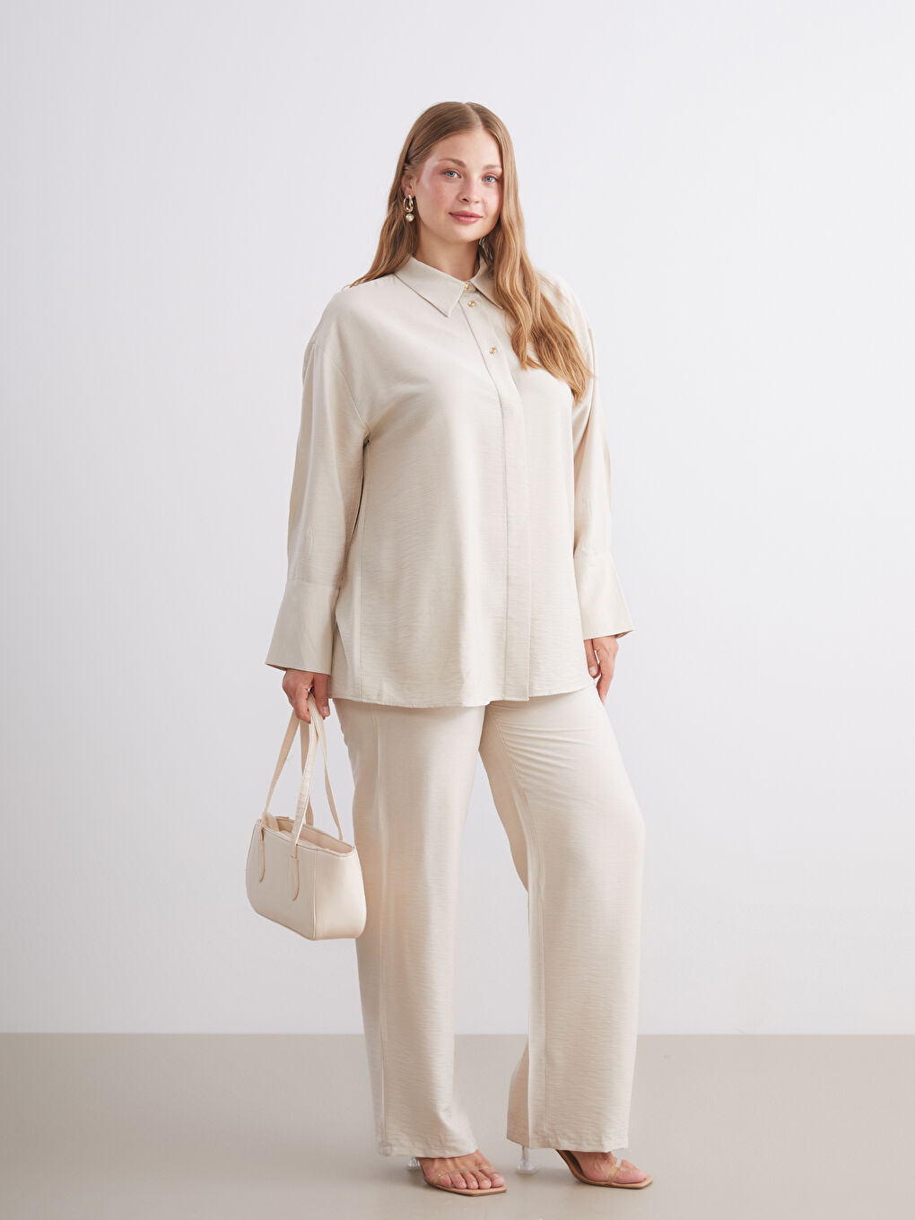 Bej Beli Lastikli Kadın Pantolon-1