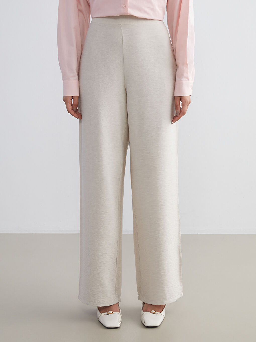 Bej Beli Lastikli Kadın Pantolon-2