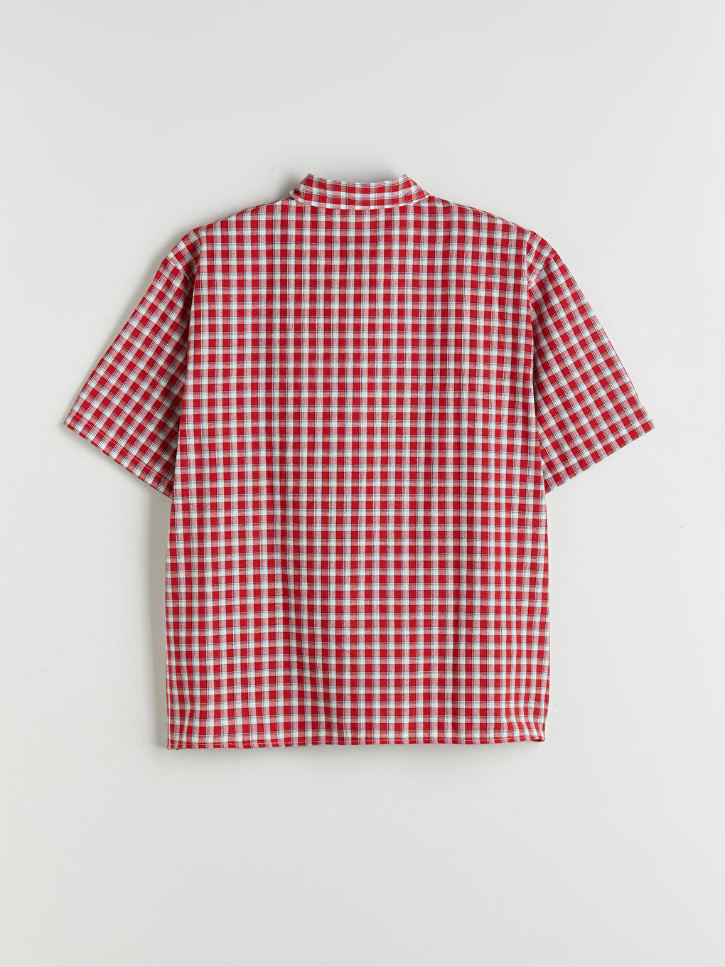 Kırmızı Rahat Kalıp Kısa Kollu Ekose Poplin Erkek Gömlek-5